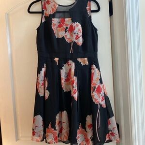 ANN TAYLOR - WOMEN'S BLACK & PINK FLORAL PRINT FIT & FLARE A-LINE DRESS